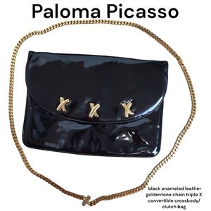 Paloma Picasso black enameled leather triple X golden chain crossbody clutch bag